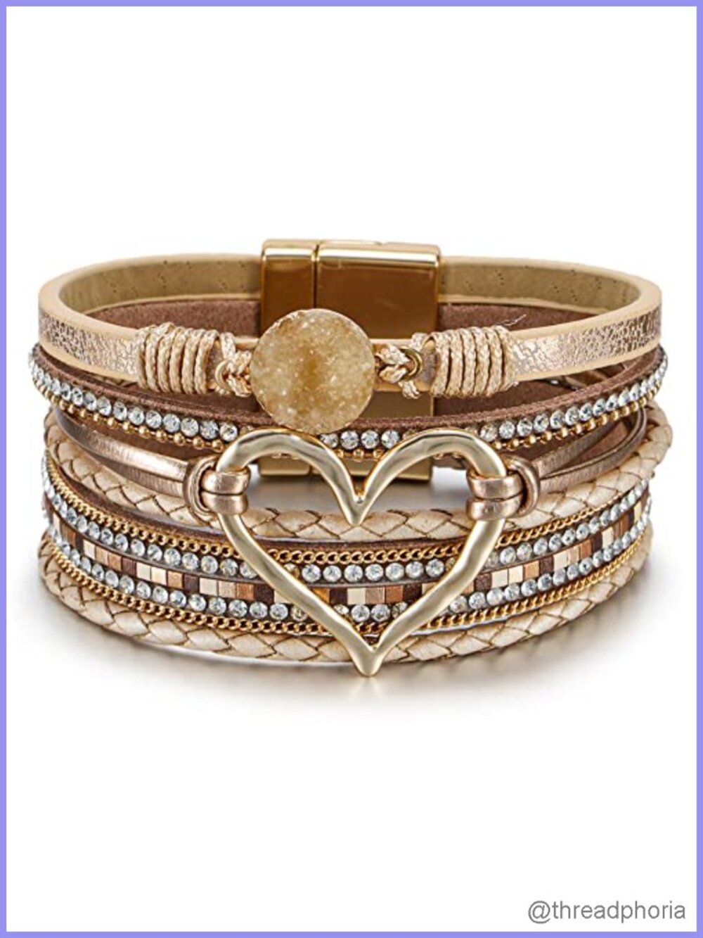 Handmade Leather Wrap Bracelet Women Boho Western Cuff Jewelry Heart Stone